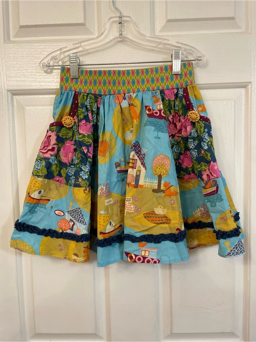 Matilda Jane Blue Patchwork Skirt with Pink & Yellow Accents